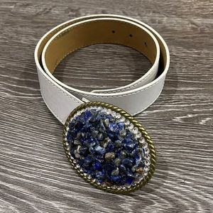 Leather belt with blue buckle size small